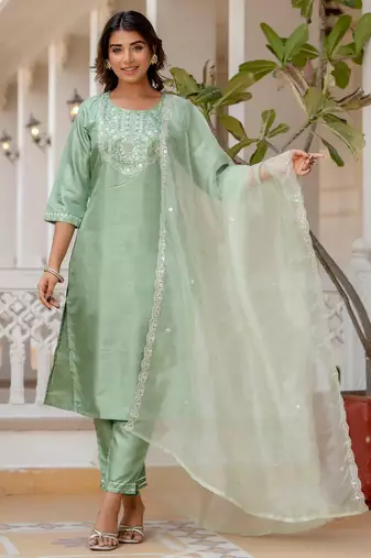 Floral embroidered silk blend round neck kurta trouser and dupatta set