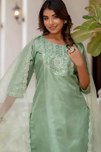 Floral embroidered silk blend round neck kurta trouser and dupatta set