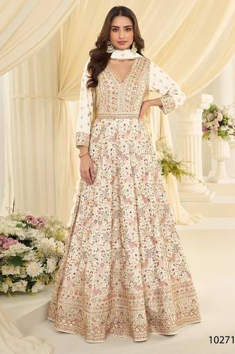 Beige embroidery codding & sequin anarkali - free size