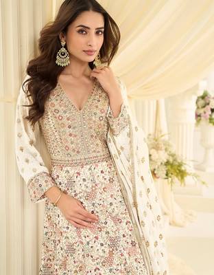 Beige embroidery codding & sequin anarkali - free size 2