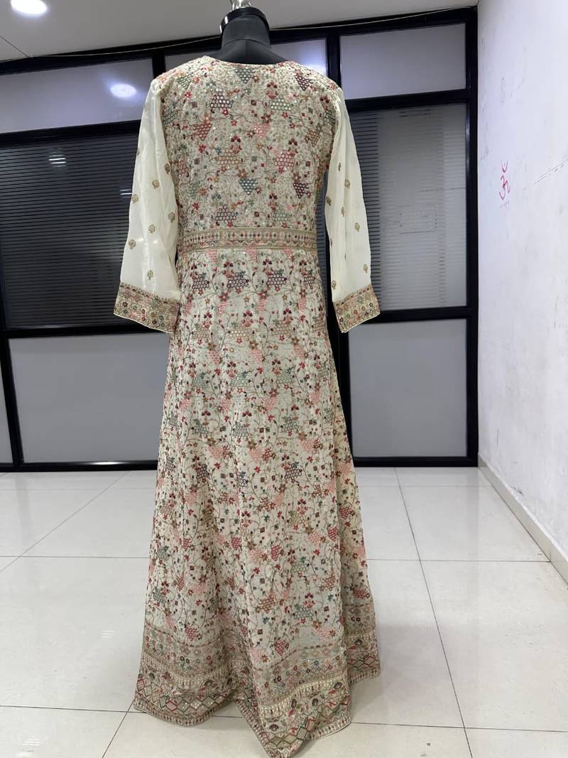 Beige embroidery codding & sequin anarkali - free size