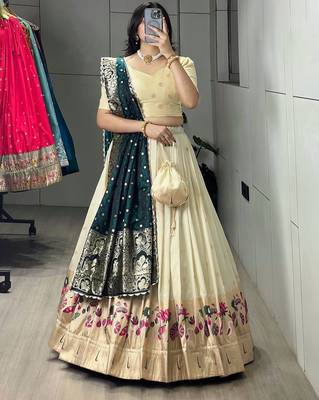 green silk blend zari weaving anarkali lehenga choli 1