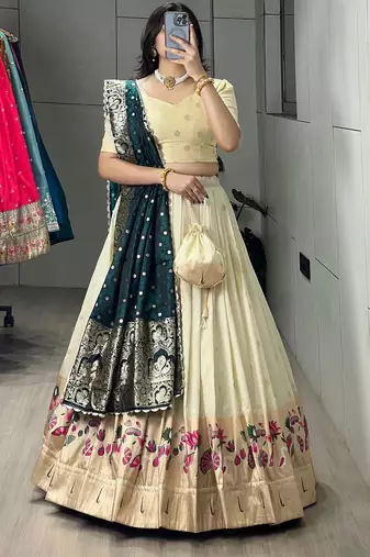 green silk blend zari weaving anarkali lehenga choli