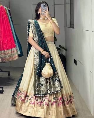 green silk blend zari weaving anarkali lehenga choli 3