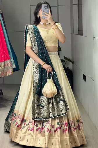 green silk blend zari weaving anarkali lehenga choli