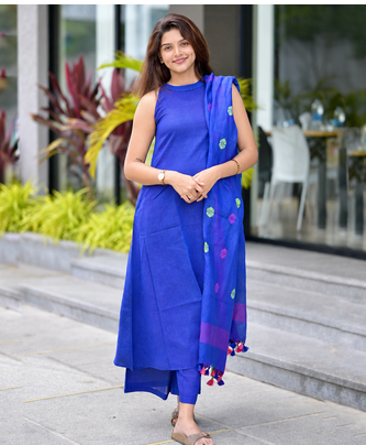 Royal Blue Cotton Kurta Pant Set with Contrast Dupatta 1