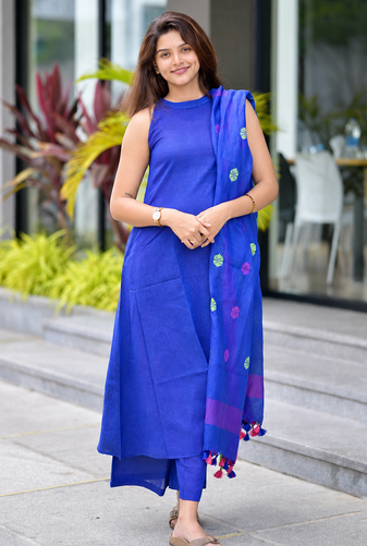 Royal Blue Cotton Kurta Pant Set with Contrast Dupatta