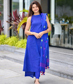 Royal Blue Cotton Kurta Pant Set with Contrast Dupatta