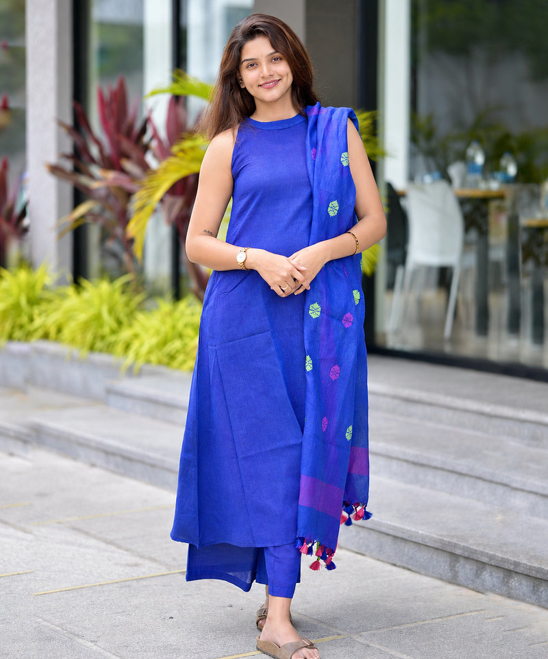 Royal Blue Cotton Kurta Pant Set with Contrast Dupatta