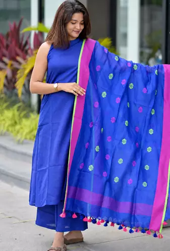 Royal Blue Cotton Kurta Pant Set with Contrast Dupatta