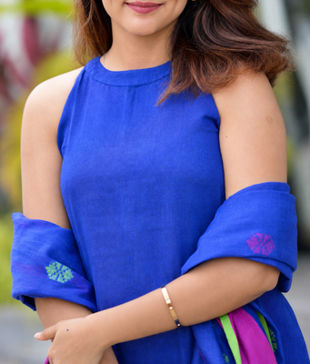Royal Blue Cotton Kurta Pant Set with Contrast Dupatta 4