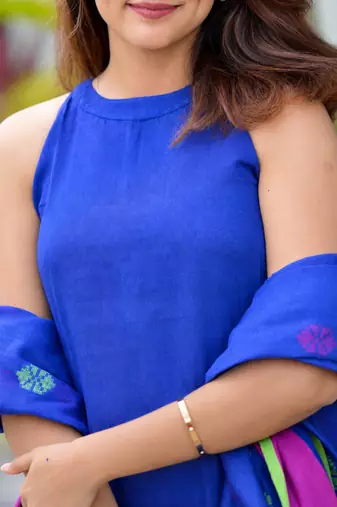 Royal Blue Cotton Kurta Pant Set with Contrast Dupatta