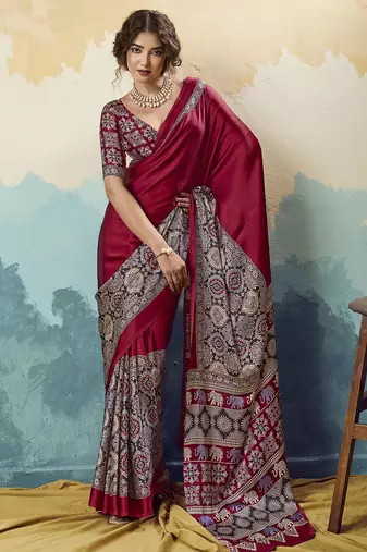 Maroon pure modal satin printed saree