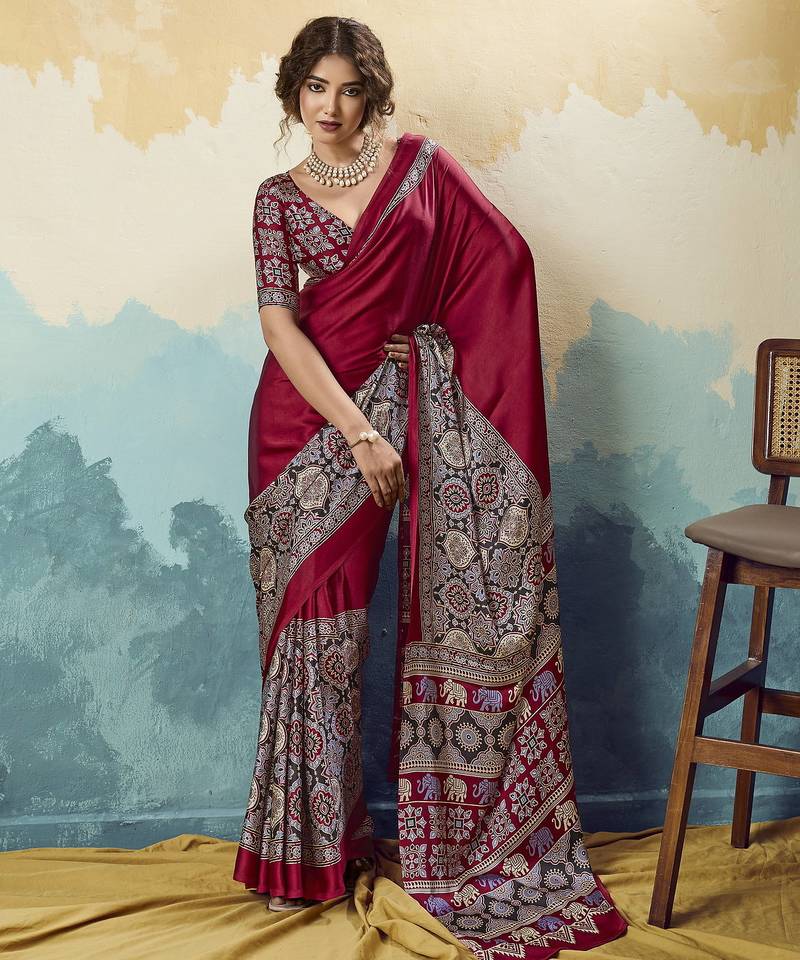 maroon  satin printed saree