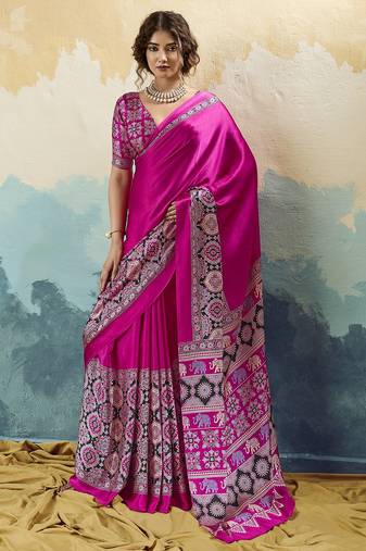 Pink pure modal satin printed saree