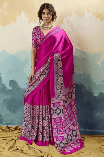 Pink pure modal satin printed saree