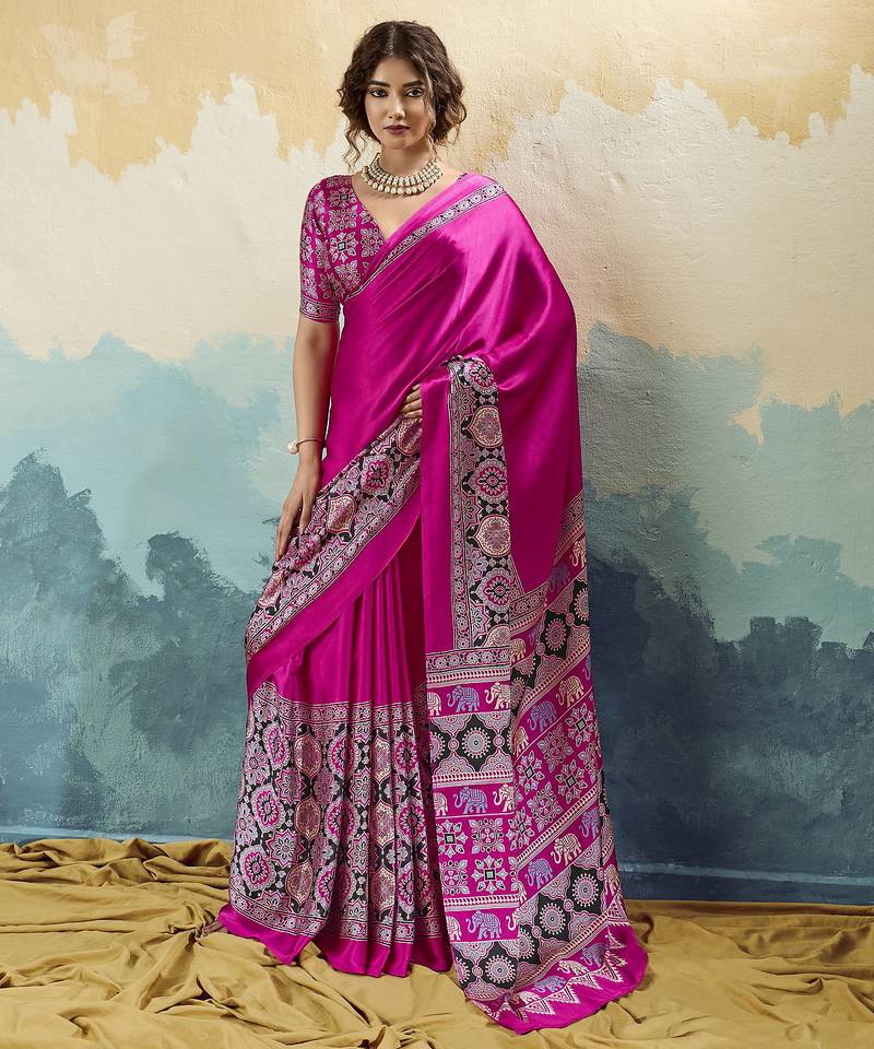 pink  satin printed saree