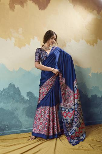 Dark blue pure modal satin printed saree