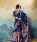 dark blue  satin printed saree
