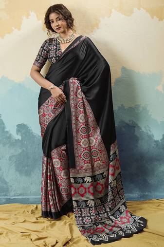 Black pure modal satin printed saree