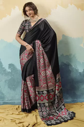 Black pure modal satin printed saree