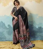 black  satin printed saree