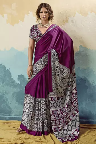 wine  satin printed saree