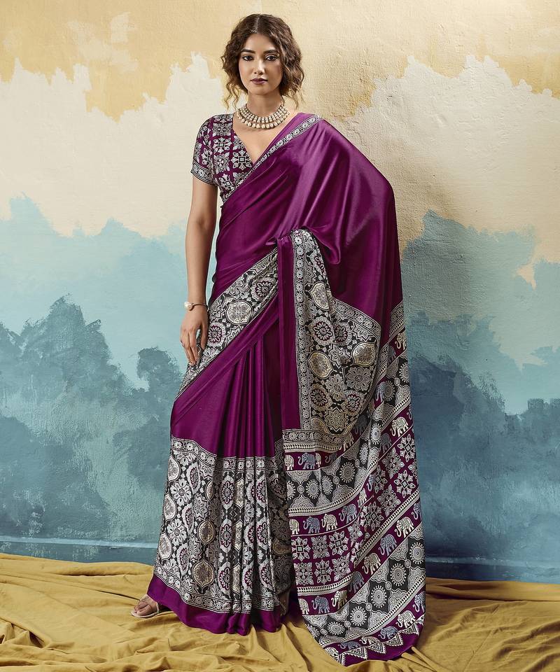 wine  satin printed saree