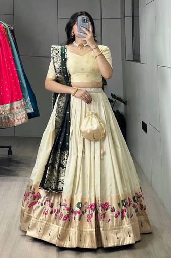 rama green silk blend zari weaving anarkali lehenga choli