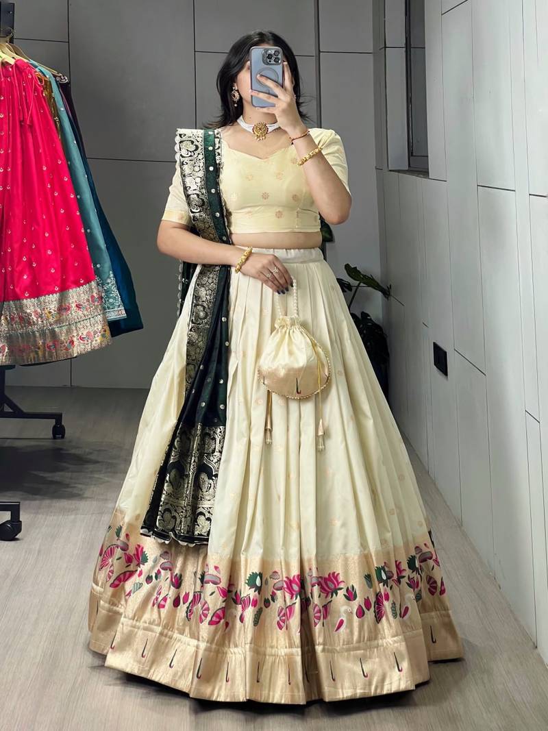 rama green silk blend zari weaving anarkali lehenga choli