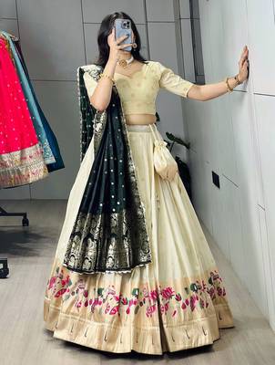 rama green silk blend zari weaving anarkali lehenga choli 2