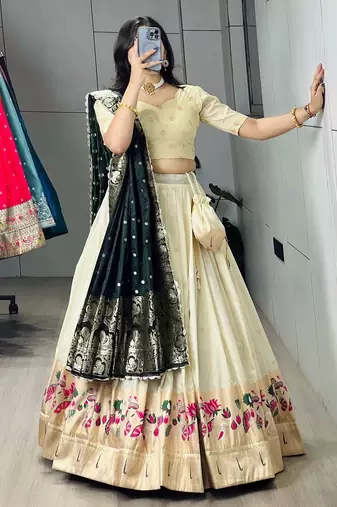 rama green silk blend zari weaving anarkali lehenga choli