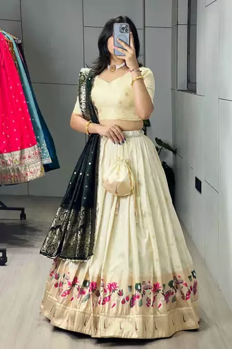 rama green silk blend zari weaving anarkali lehenga choli