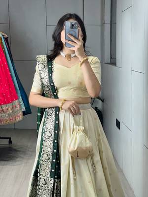 rama green silk blend zari weaving anarkali lehenga choli 4
