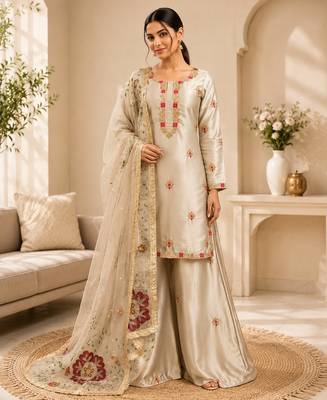 Cream zapan satin silk sequin work plazzo suit set 1