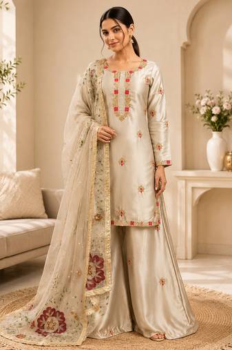 Cream zapan satin silk sequence work plazzo suit set