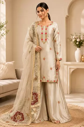 Cream zapan satin silk sequin work plazzo suit set