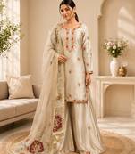 Cream zapan satin silk sequence work plazzo suit set