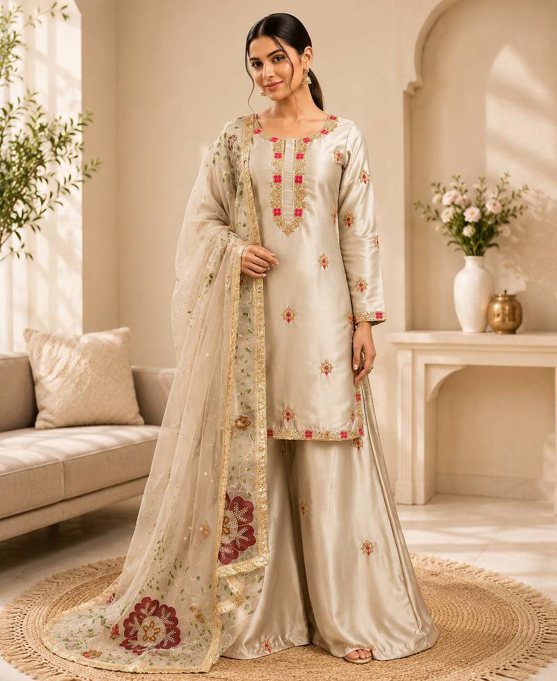 Cream zapan satin silk sequence work plazzo suit set