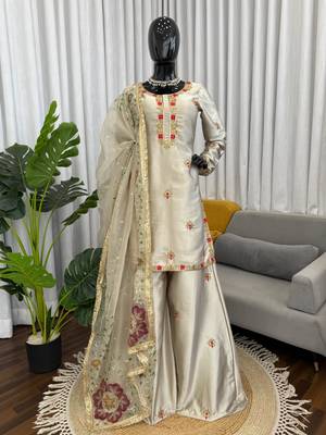 Cream zapan satin silk sequin work plazzo suit set 2