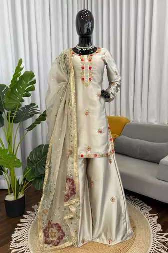 Cream zapan satin silk sequin work plazzo suit set