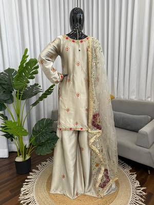Cream zapan satin silk sequin work plazzo suit set 3