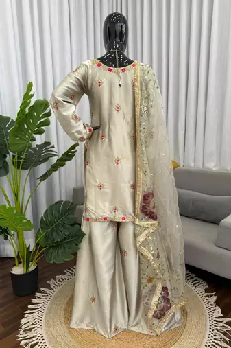 Cream zapan satin silk sequin work plazzo suit set