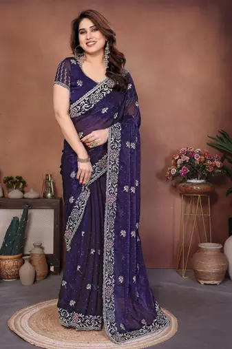 Designer Party Wear Floral Embroidery Saree