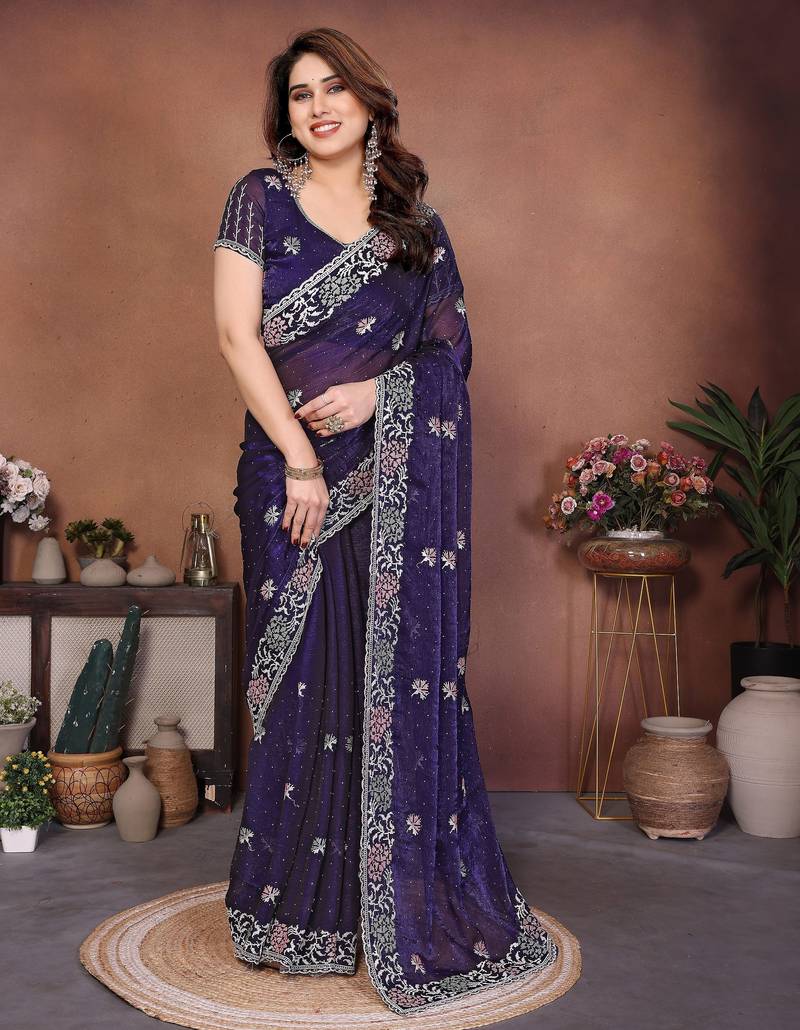 Designer Party Wear Floral Embroidery Saree