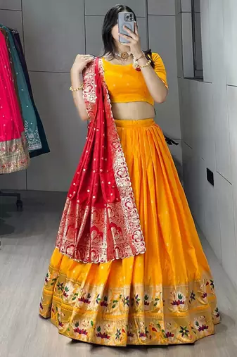 yellwo silk blend zari weaving lehenga choli