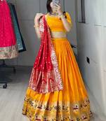 yellwo silk blend zari weaving lehenga choli