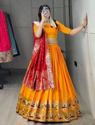 yellwo silk blend zari weaving lehenga choli 2