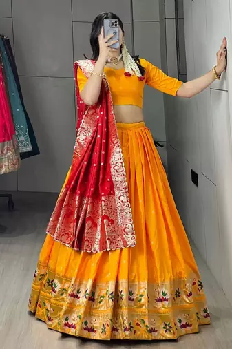yellwo silk blend zari weaving lehenga choli