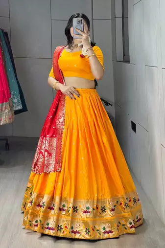 yellwo silk blend zari weaving lehenga choli